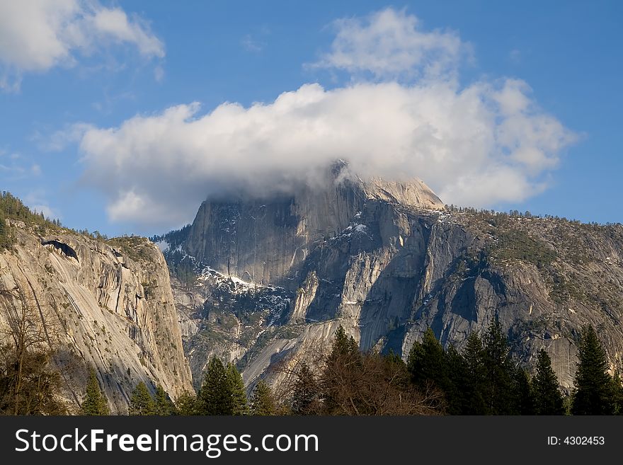 Half Dome Covered In Fog In Yosemite National Park