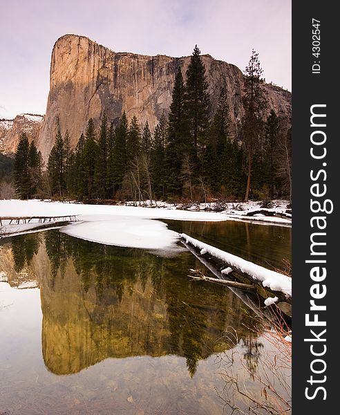 This is the snow capped three brothers in Yosemite and merced river. This is the snow capped three brothers in Yosemite and merced river