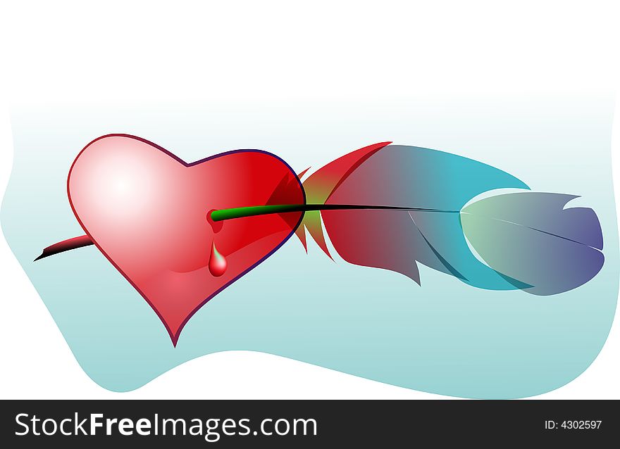 Heart pierced with a bird feather vector illustration. Heart pierced with a bird feather vector illustration