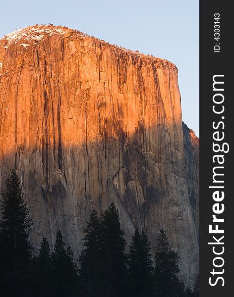 The rock face of El Capitan during sunset, Yosemite National Park. The rock face of El Capitan during sunset, Yosemite National Park