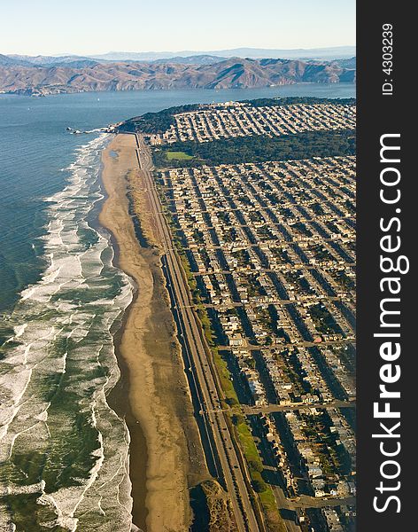 This is ocean beach in San Francisco and Hwy 1. Also seen is parts of Golden Gate park. This photograph was taken from a cessna plane at 2000 feet. This is ocean beach in San Francisco and Hwy 1. Also seen is parts of Golden Gate park. This photograph was taken from a cessna plane at 2000 feet.