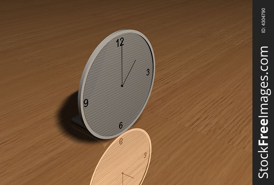 A white clock on a wooden table
