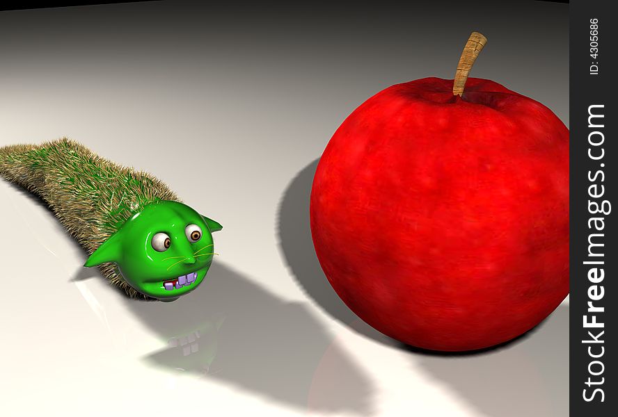 A happy alien worm and his apple. A happy alien worm and his apple