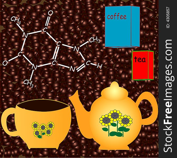 Vector coffee related illustration with cup, formula, tea