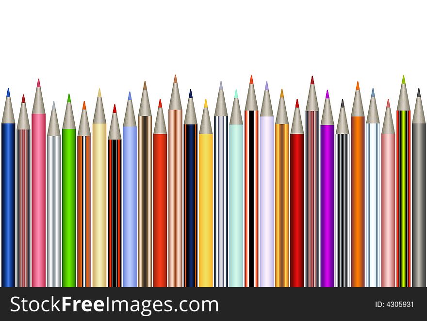 Assortment of colored pencils over white background