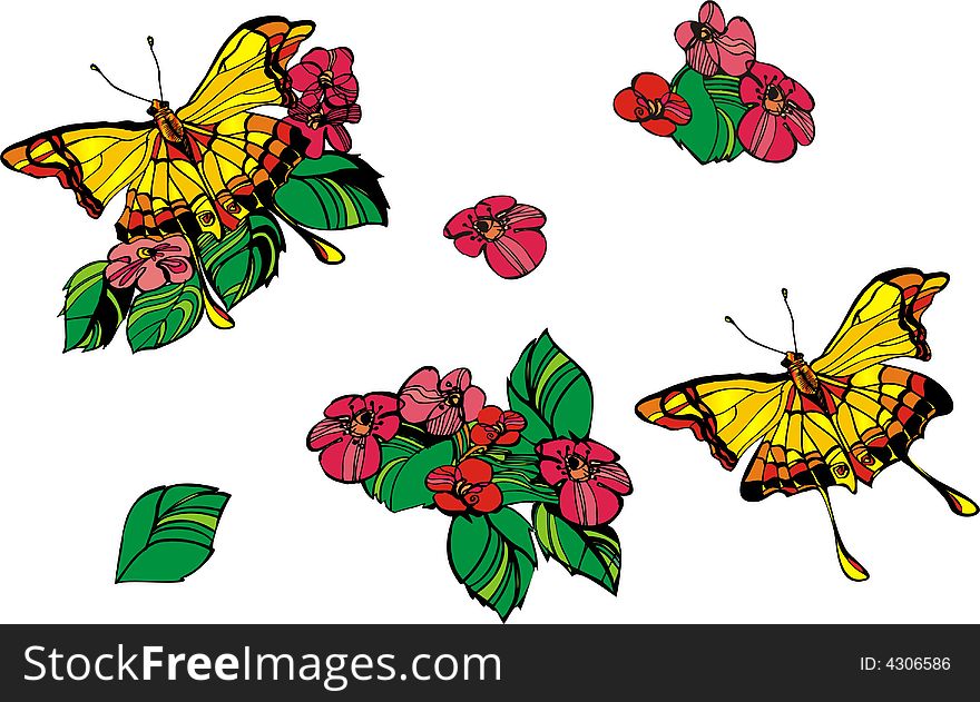 Vector drawing butterfly red flower. Vector drawing butterfly red flower