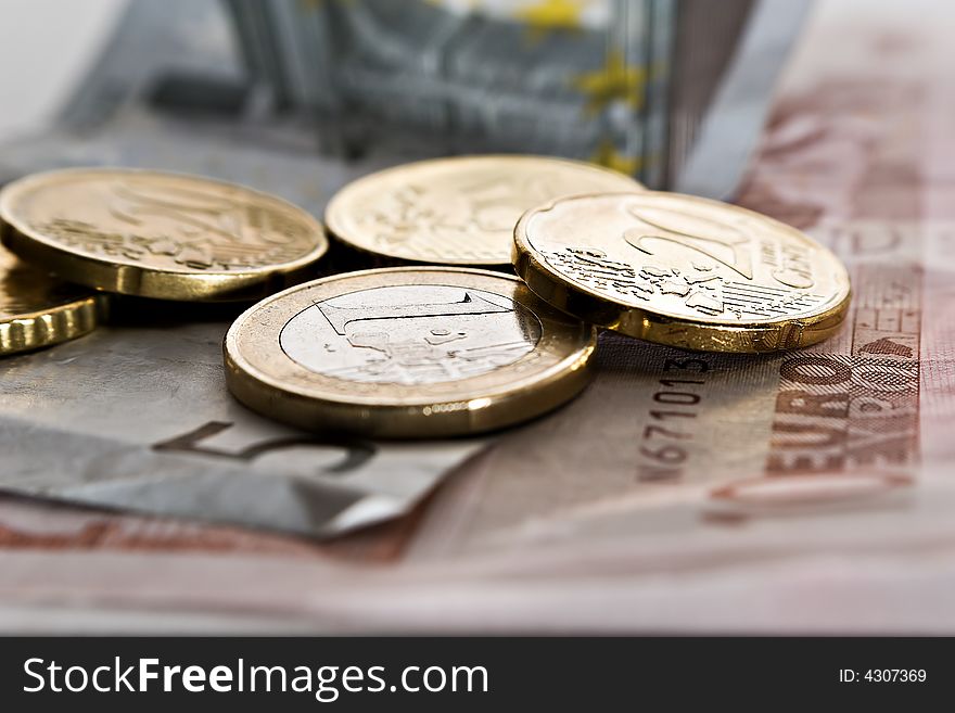 Macro of Euro coins and notes shallow depth of field. Macro of Euro coins and notes shallow depth of field