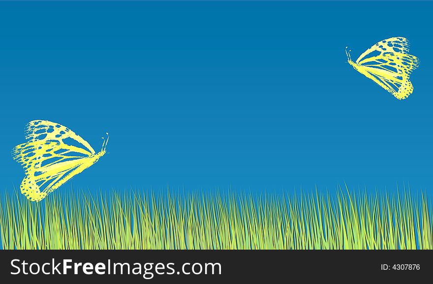 Two yellow butterflies over Grass with blue sky