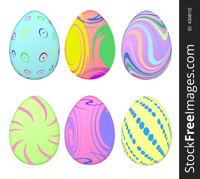 6 easter eggs on white background with clipping path. 6 easter eggs on white background with clipping path