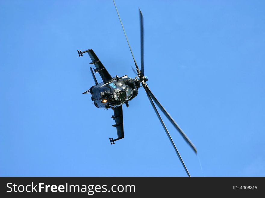 A Mi-24 Hind making a sharp left turn. A Mi-24 Hind making a sharp left turn