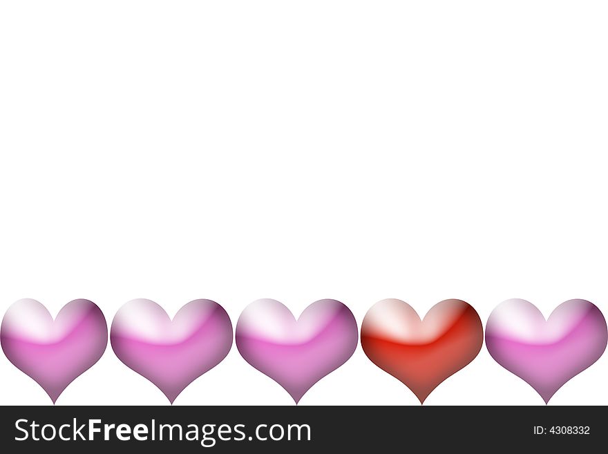 Pink hearts and one red heart bording the bottom of a white background. Pink hearts and one red heart bording the bottom of a white background