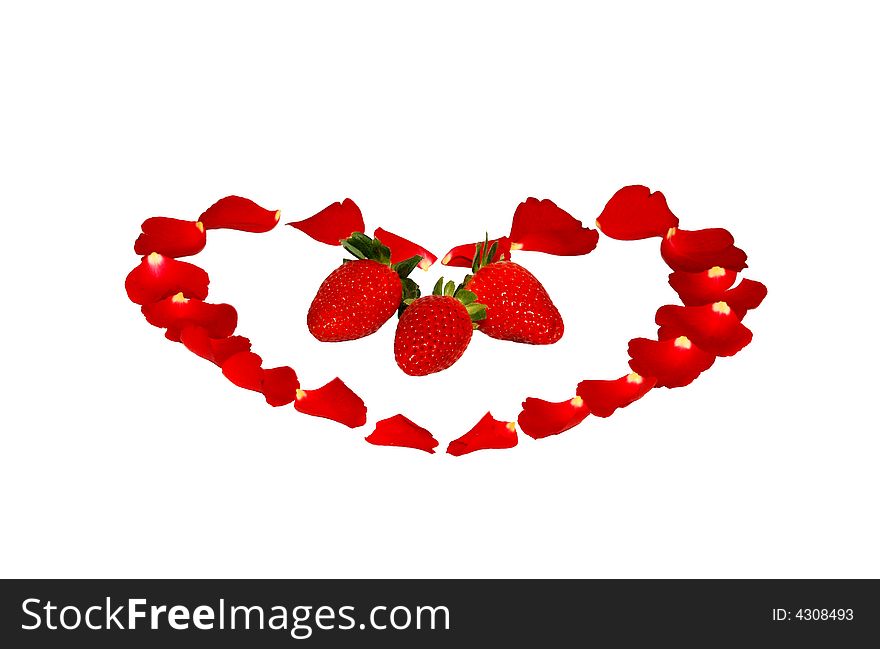 Heart from petals of a rose with a strawberry on a white background