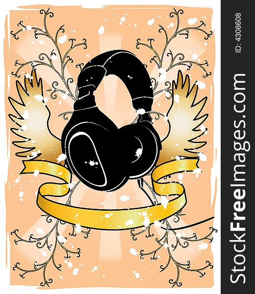 Vector image of grunge pattern with headphones, wings plants and ribbon for sample text. Vector image of grunge pattern with headphones, wings plants and ribbon for sample text.