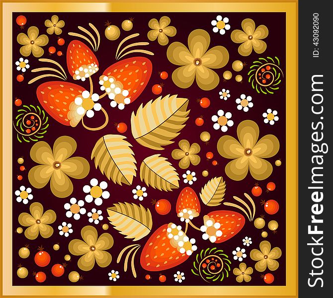 Beautiful pattern with khokhloma ornament in maroon and yellow colours. Beautiful pattern with khokhloma ornament in maroon and yellow colours