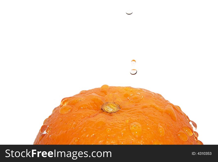 Orange with water drops falling. All is on white background, isolated. Orange with water drops falling. All is on white background, isolated.