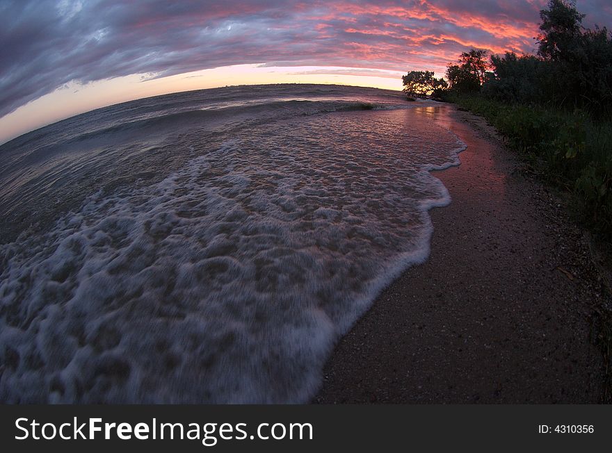 Sea sunset beach fisheye view. Sea sunset beach fisheye view