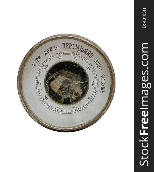 Old vintage russian broken barometer isolated over white