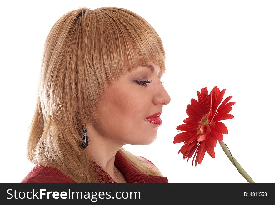 An image of girl in red with flowers. An image of girl in red with flowers