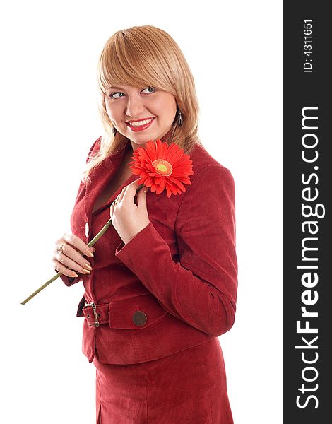 Smiling girl in red with red flowers