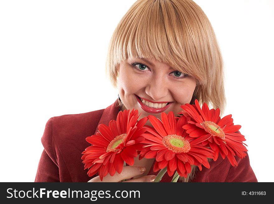 An image of green-eyed woman in red with red flowers. An image of green-eyed woman in red with red flowers