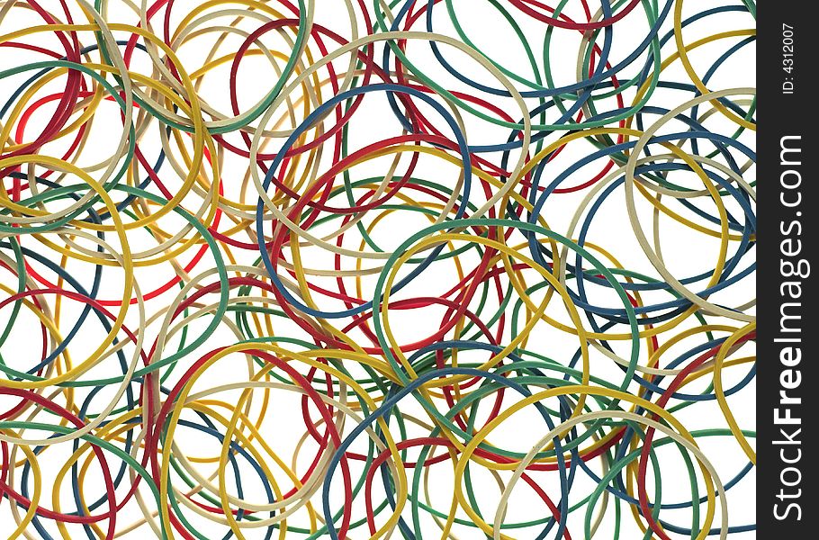 A selection of colored rubber bands on a white background.
