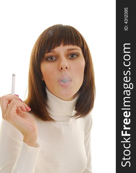 Young Smoking woman in white dress with white cigarette. Young Smoking woman in white dress with white cigarette