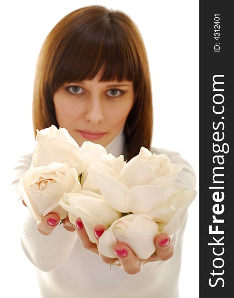 Pretty woman in white dress with white roses. Pretty woman in white dress with white roses