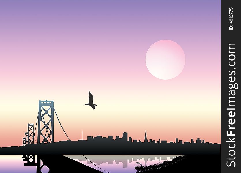 Panoramic view of a city over sunset background. Panoramic view of a city over sunset background
