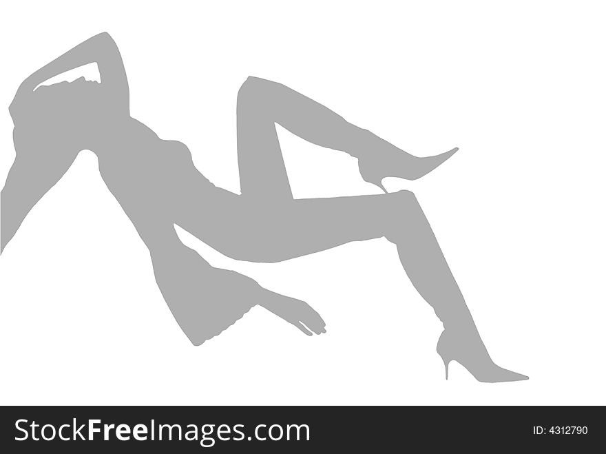 An abstract illustration. A silhouette of the girl in an elegant beautiful pensive pose. The light grey image on a white background.