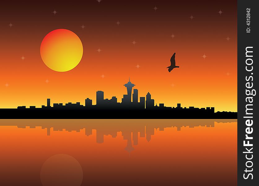 Panoramic view of a city over sunset background. Panoramic view of a city over sunset background