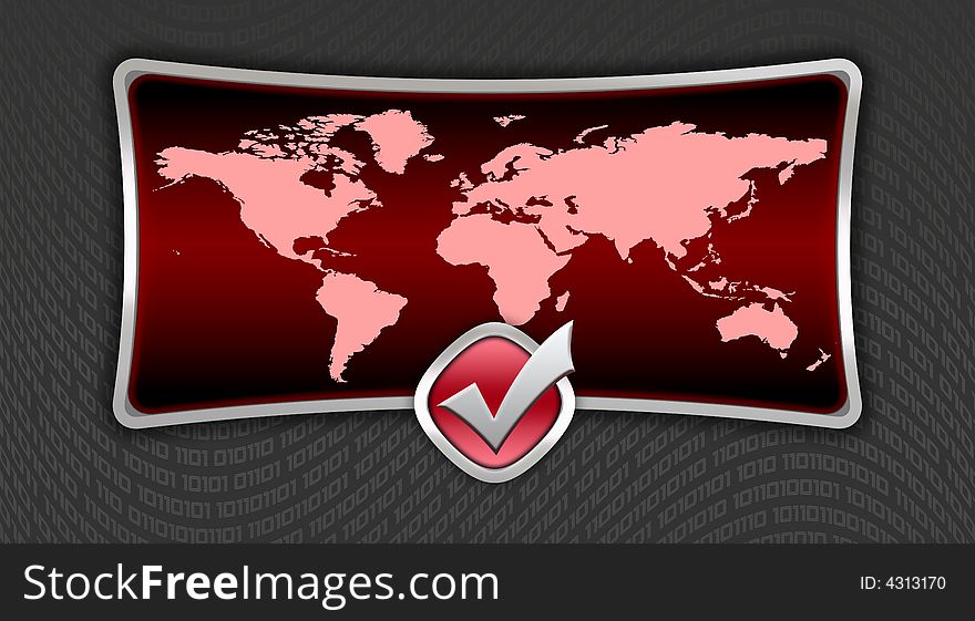 Dark red world map with metal border over digital background