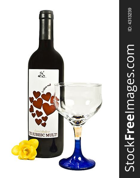 Bottle of wine and glass with flower. Bottle of wine and glass with flower