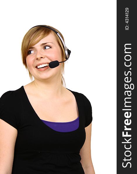 Portrait of beautiful smiling telephone operator with headset. Portrait of beautiful smiling telephone operator with headset