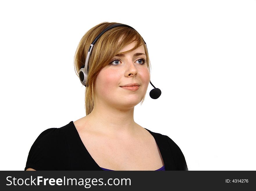 Portrait of beautiful smiling telephone operator with headset. Portrait of beautiful smiling telephone operator with headset