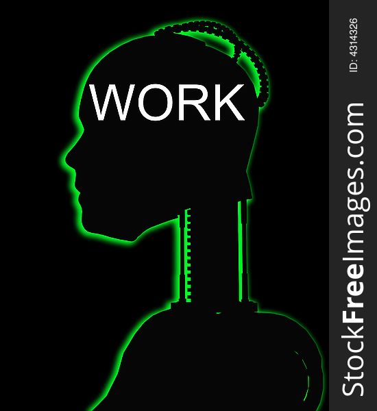 An image of a technologically cybernetic women's outline, with the word work within its head. An image of a technologically cybernetic women's outline, with the word work within its head.