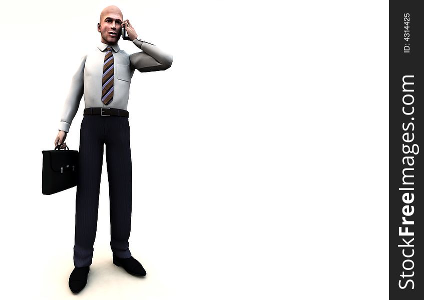 An conceptual image of a business man standing holding a briefcase and phone. An conceptual image of a business man standing holding a briefcase and phone