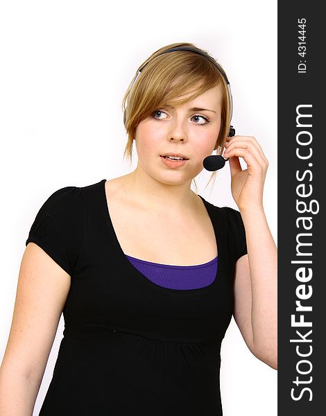 Portrait of beautiful smiling telephone operator with headset. Portrait of beautiful smiling telephone operator with headset