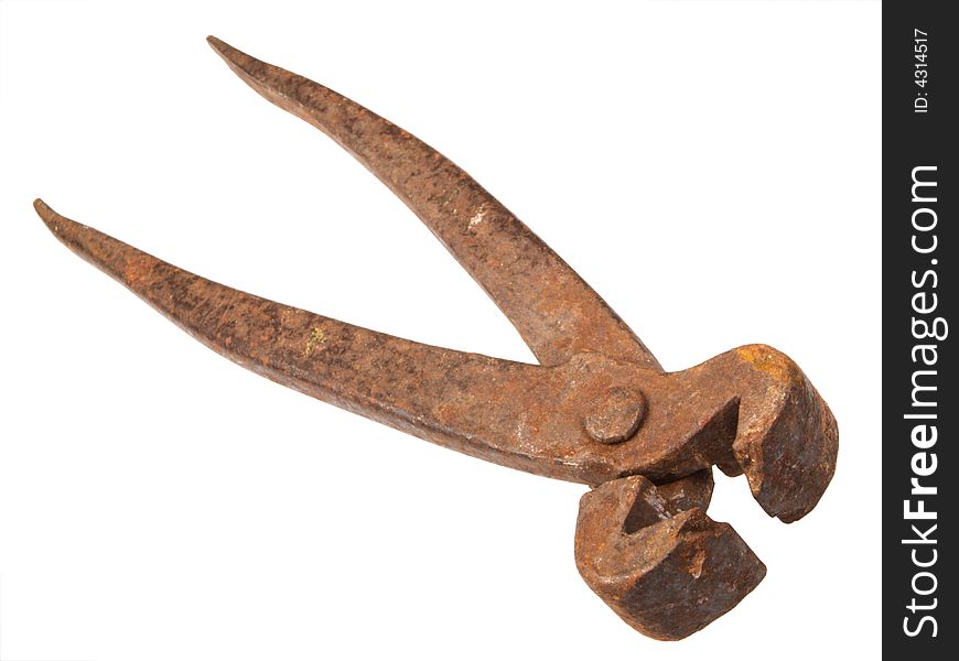 Old rusty carpenters pincers isolated on white