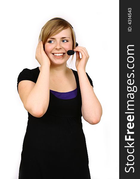 Portrait of beautiful smiling telephone operator with headset. Portrait of beautiful smiling telephone operator with headset