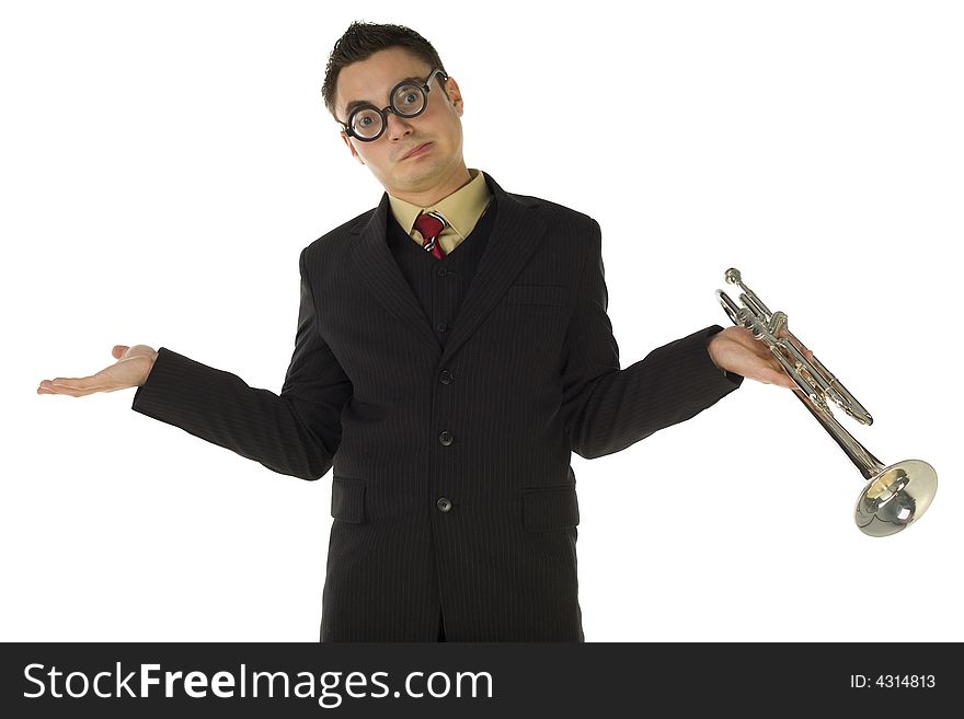 Helpless trumpeter standing with spread arms looking at camera. Front view. White background. Helpless trumpeter standing with spread arms looking at camera. Front view. White background.