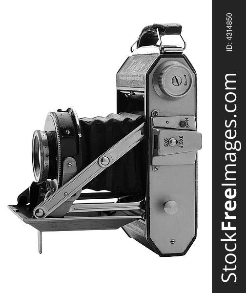 Open old bellows camera 6x9 isolated white background. Open old bellows camera 6x9 isolated white background