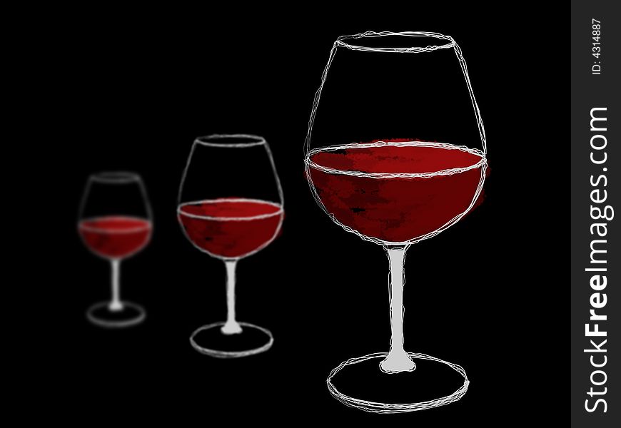 3 glasses of wine, lined  in a perpective view. 3 glasses of wine, lined  in a perpective view