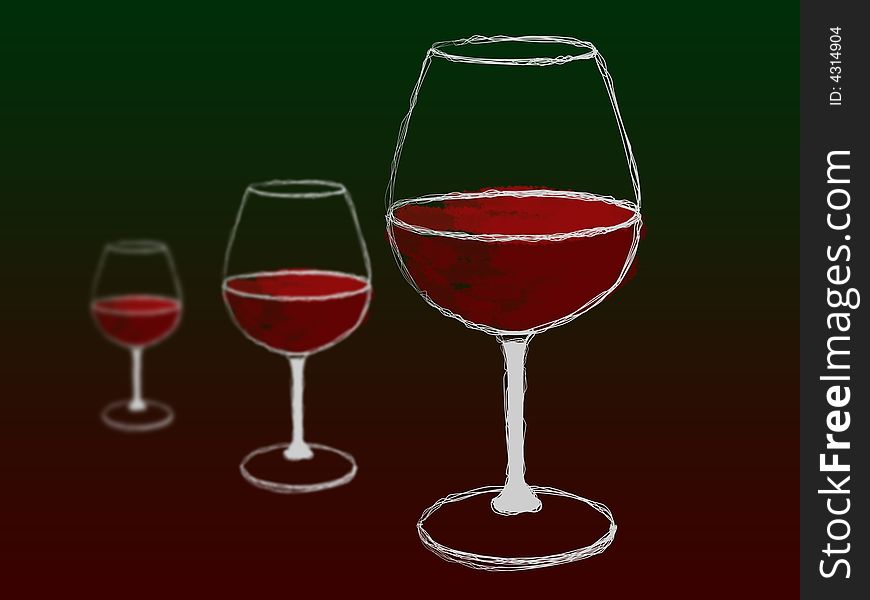 3 glasses of wine, lined in a perspective view. 3 glasses of wine, lined in a perspective view