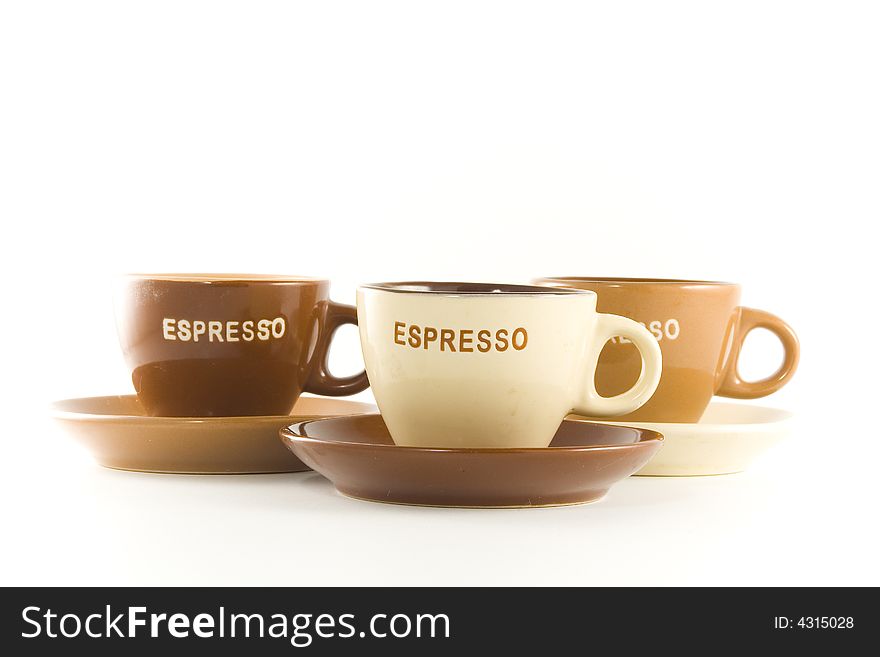 Three cups coffee espresso on white background. Three cups coffee espresso on white background