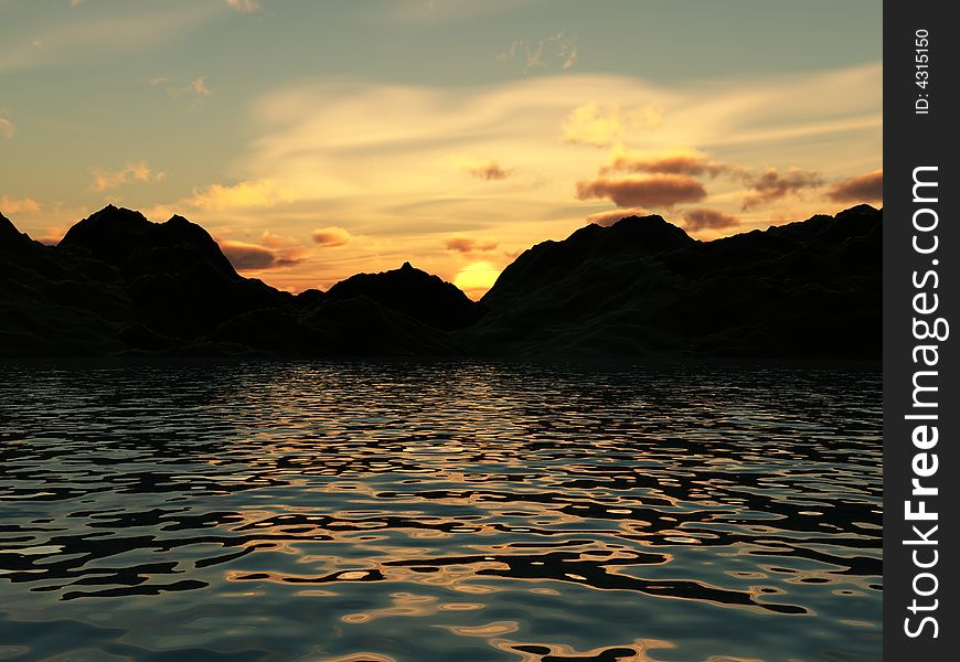 An image of some water with a mountain coastline in the background. With an addition of a setting sun. An image of some water with a mountain coastline in the background. With an addition of a setting sun.