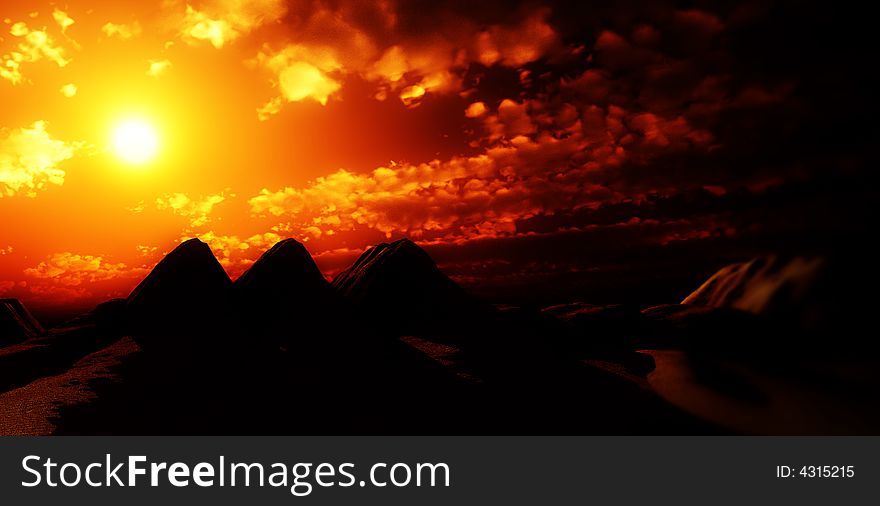 A image of some desert sand dunes with a sun setting. A image of some desert sand dunes with a sun setting.