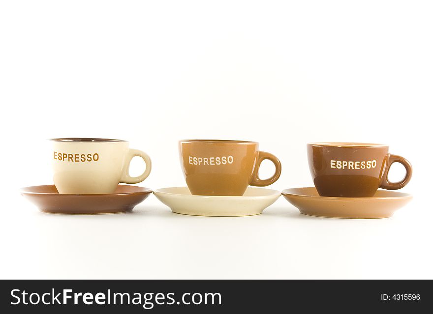 Three cups coffee espresso on white background. Three cups coffee espresso on white background