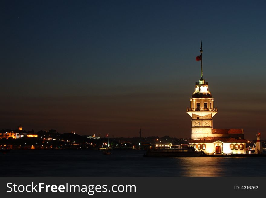 Leandros Tower in istanbul by night. Leandros Tower in istanbul by night