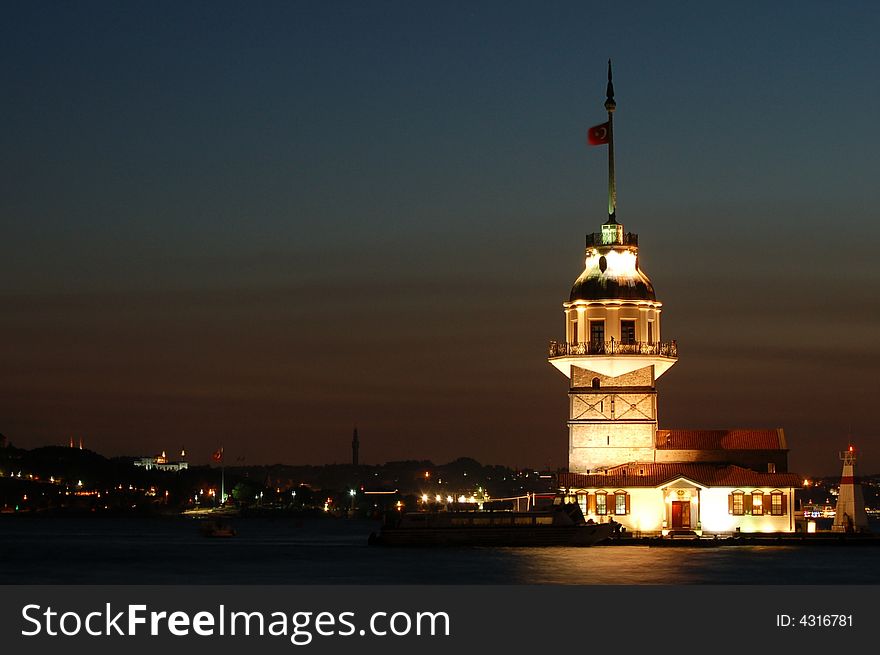 Maiden Tower in Istanbul illuminated by night. Maiden Tower in Istanbul illuminated by night