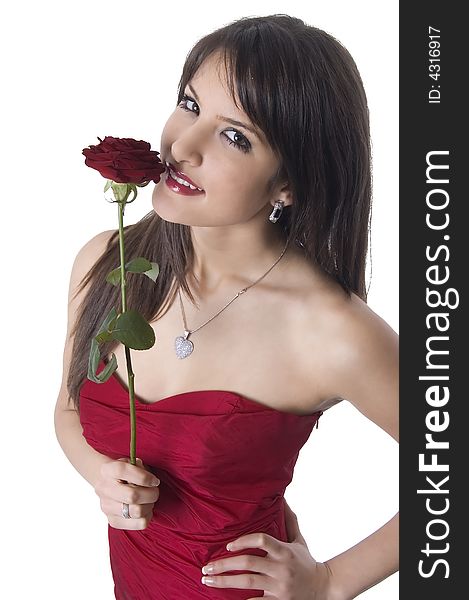 Pretty girl with red rose in her hand. Pretty girl with red rose in her hand